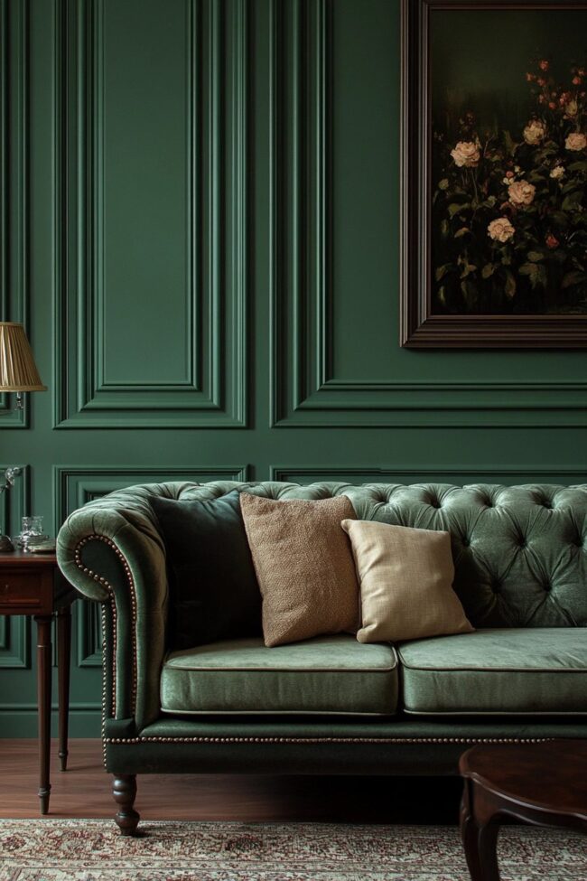 Deep Green Walls with Tufted Sofa