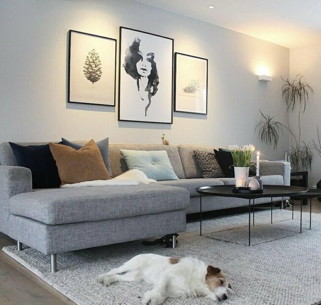 Dynamic Grey Sofa Paired with Striking Art