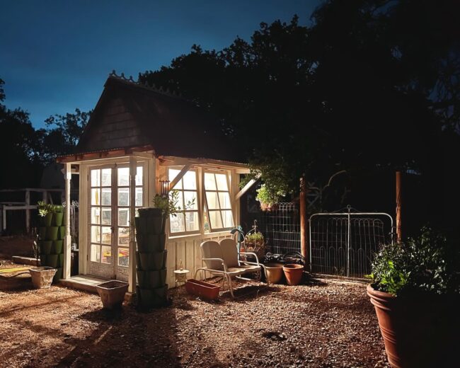 Contemporary Glass Shed with Evening Glow