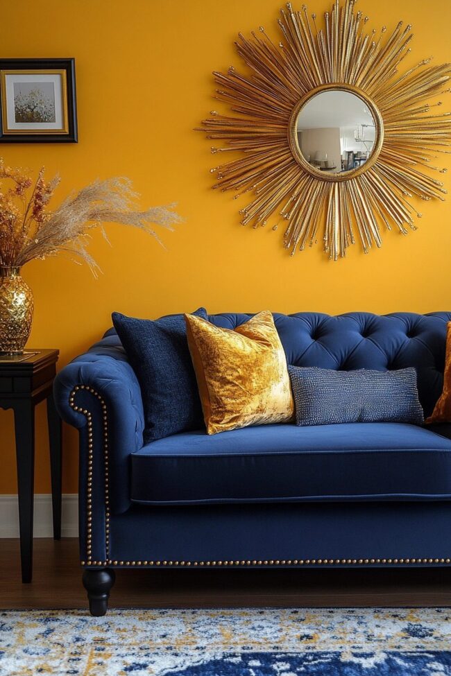 Radiant Yellow Wall with Deep Blue Sofa