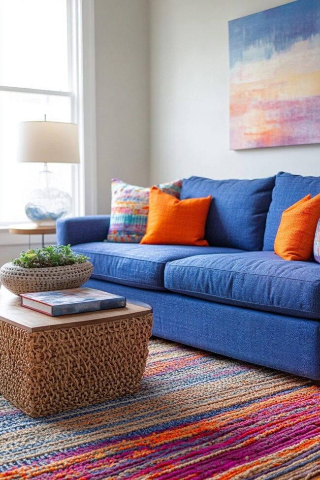 Dynamic Blue Sofa with Orange Accents