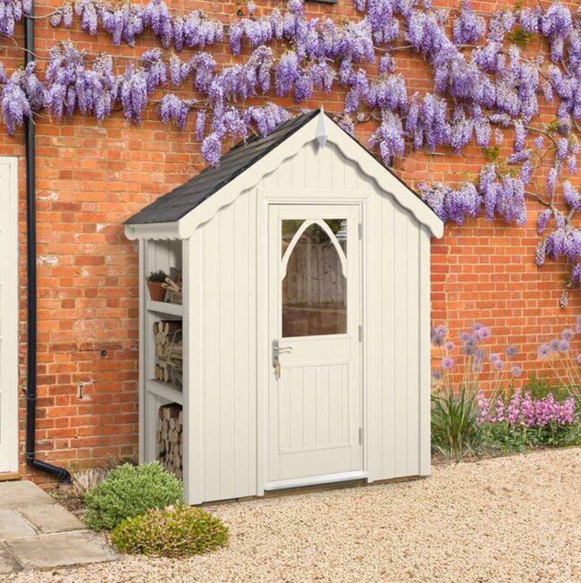Charming White Shed with Gothic Features