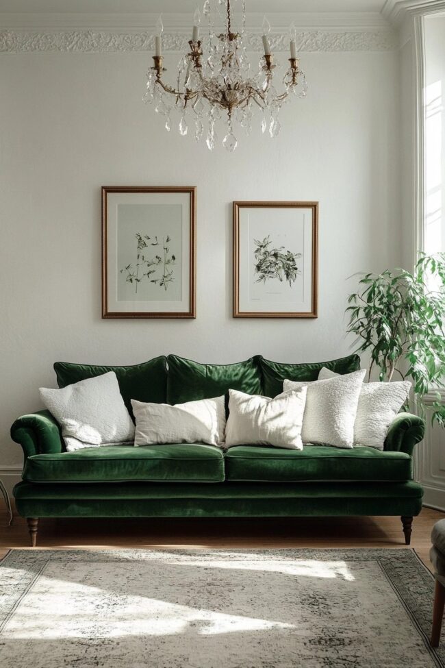 Lush Green Velvet Sofa with Botanical Art