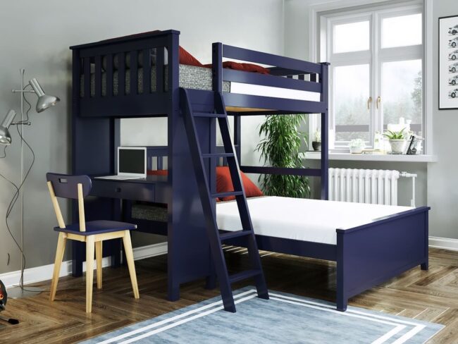 Navy Blue Loft Bed with Full-Size Bed Integration