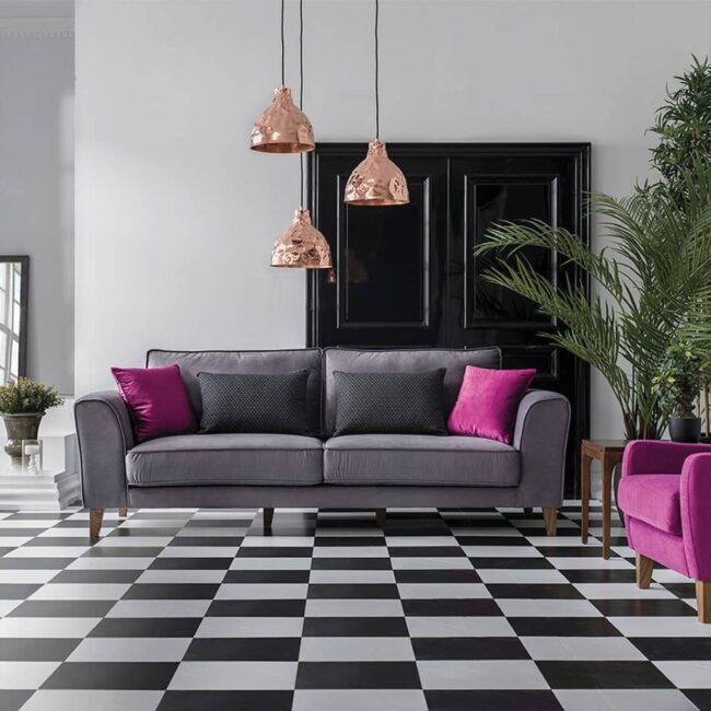 Dynamic Grey Sofa with Colorful Accents