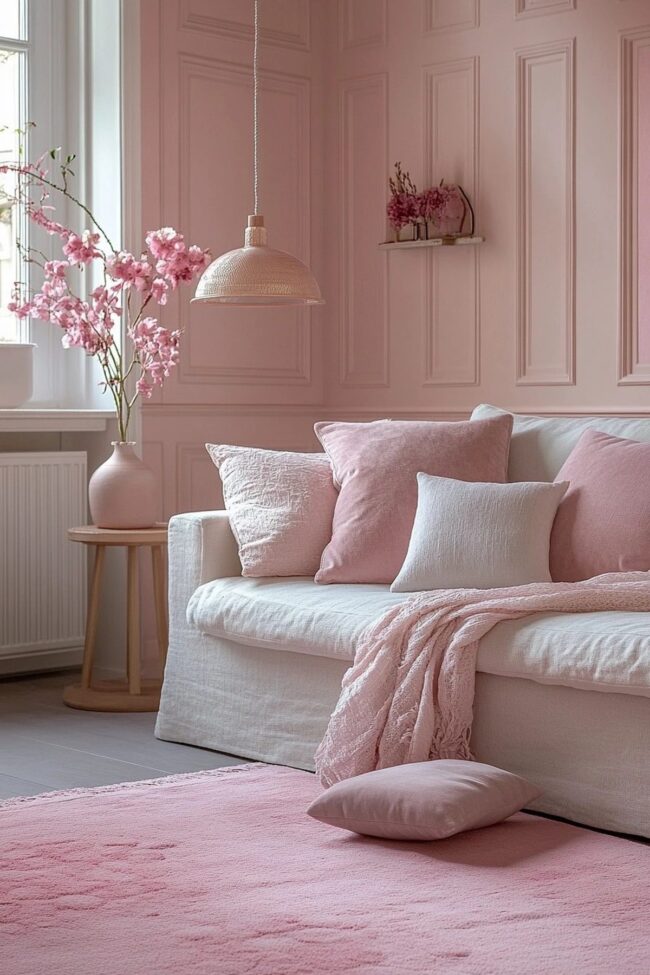 Blush Walls with Sculptural Light Fixture